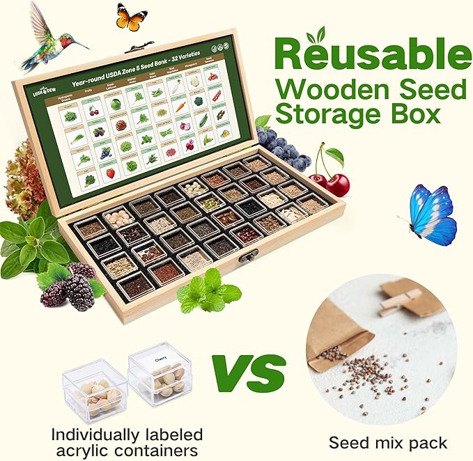 Lush&Dew Year-Round USDA Zone 5 Seed Bank, 32 Varieties Non-GMO Heirloom Seeds of Vegetables, Herbs, Gardening Gifts for Women Men, Emergency Survival Kit for Raised Garden Bed, Greenhouse