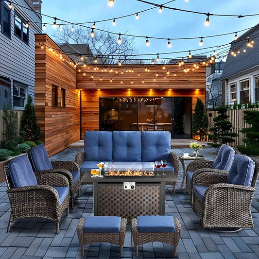 HUMMUH 9 Piece Patio Furniture Set with Fire Pit Table,Wicker Patio Swivel Rocker Outdoor Chairs 3-Seat Sofa with Ottomans for Backyard,Poolside,Deck