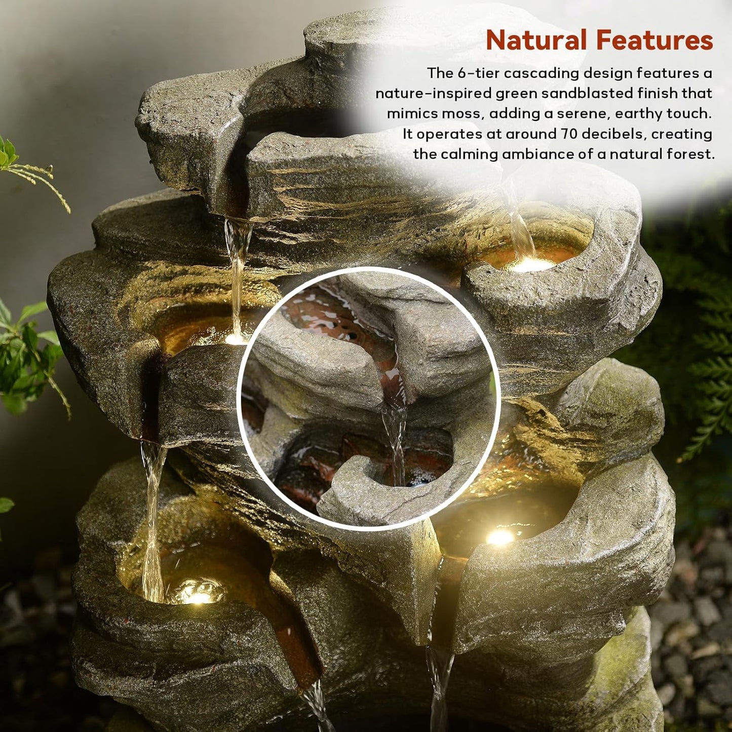24.2" H Rock Cascading Water Fountain Outdoor&Indoor, 6-Tier Garden Naturefalls Fountains, Floor-Standing Waterfall with Lights for Patio, Backyard, Deck, Porch, Home DéCor, Stone Gray
