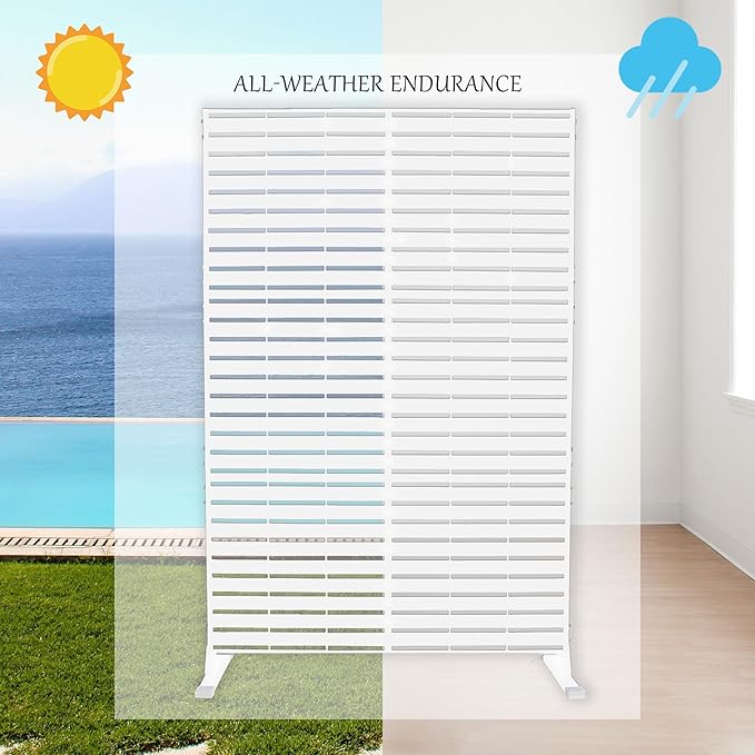 Kozyard Metal Privacy Screen 74" H x 47.2" W Decorative Outdoor Divider with Stand Panels Freestanding Screen Set for Deck Patio Balcony Garden Outdoor&Indoor (White/Horizontal Slat)