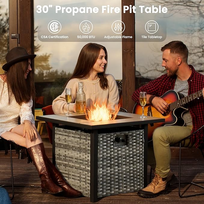 ovios 6 Pieces Patio Furniture Set with 30" Fire Pit Table, Outdoor Wicker Sofa with Comfy Cushions, All Weather High Back Rattan Couch Conversation Set, Black