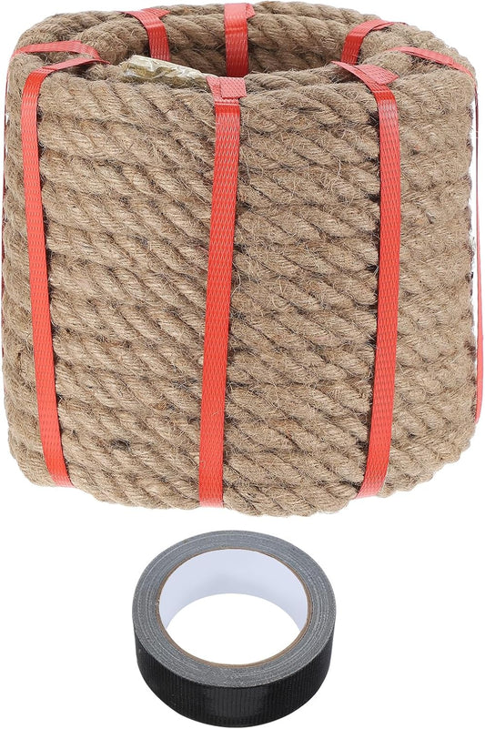 MECCANIXITY Jute Rope 0.8 Inch x 59ft, Thick Twine Rope Ropes Braided Jute Twine Natural Brown Burlap Cord String Heavy Twisted with Tape for Decorative Crafts Railing Swing Tug of War