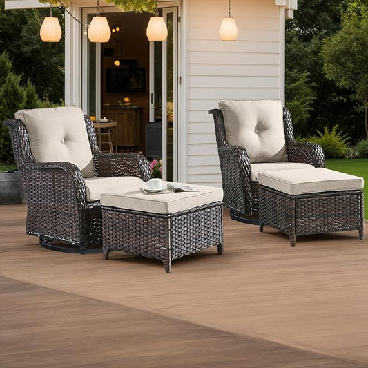 HUMMUH 4 Piece Outdoor Patio Furniture Set Wicker Conversation Bistro Set Swivel Rocker Chairs with 2pcs Ottomans for Backyard, Porch, Balcony