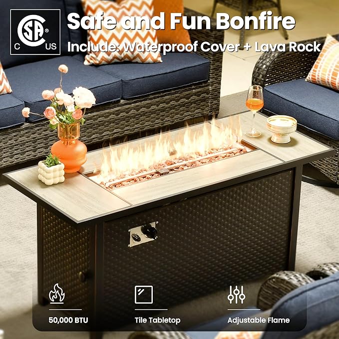 ovios 10 Pieces Patio Furniture Set, Outdoor Wicker Sofa Couch with Rocking Swivel Chairs Solar Lights Table Fire Pit, Modern Deep Seat Rattan Conversation Sets, Denim Blue