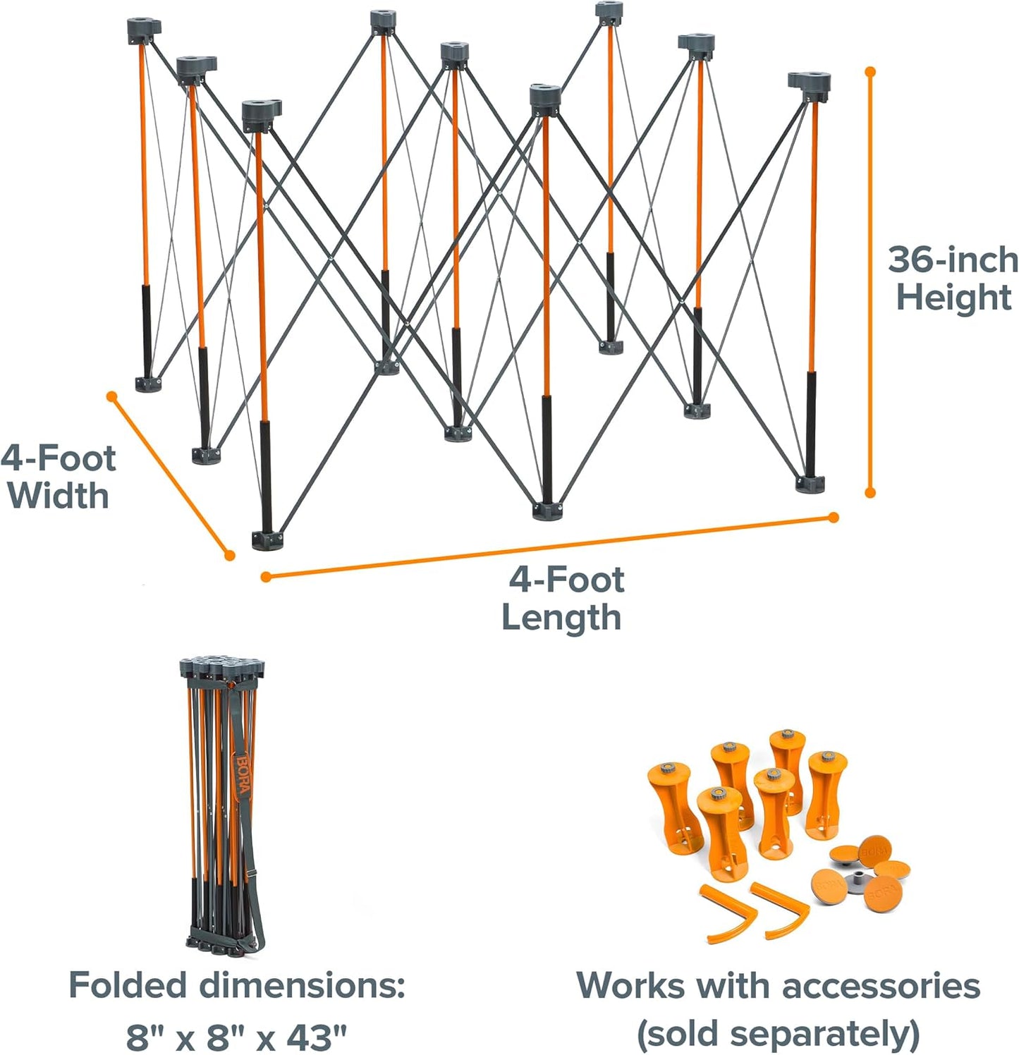 BORA Centipede CT9 36 inch Tall Portable Folding Workstand Workbench with Carry Strap, Collapsible, Construction Table, Support, Sawhorse, 4Ft X 4Ft, 36 inch Work Height, 3500lb Weight Capacity,Orange