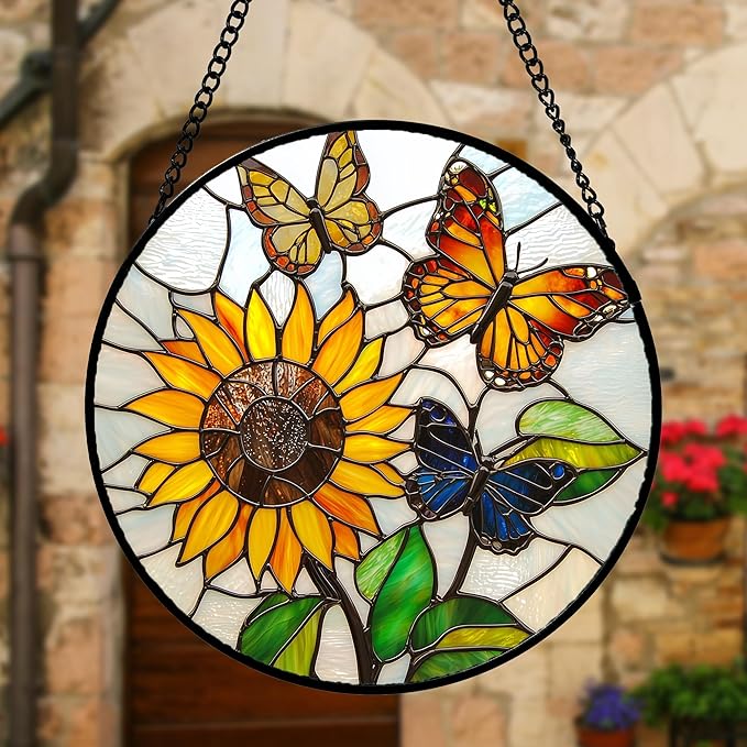 Stained Glass Window Hanging, Butterfly and Sunflowers Sun Catchers Glass Panel Plant Insects Suncatcher Decor for Birthday for Women, Men, Wife, Aunt, and Mom 11.8x11.8 in