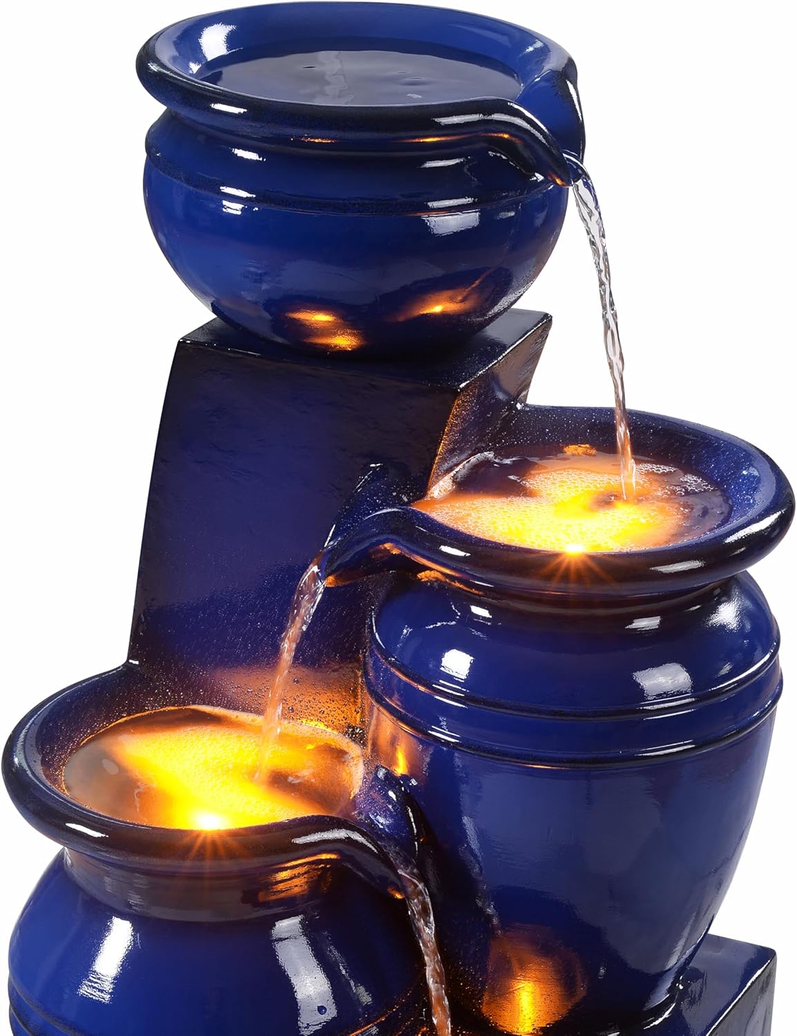 Teamson Home 28.74 in. 4-Tier Cascading Bowl Solar-Powered Water Fountain with LED Lights for Gardens, Landscaping, Patios, Balconies, Lawns, Navy Blue