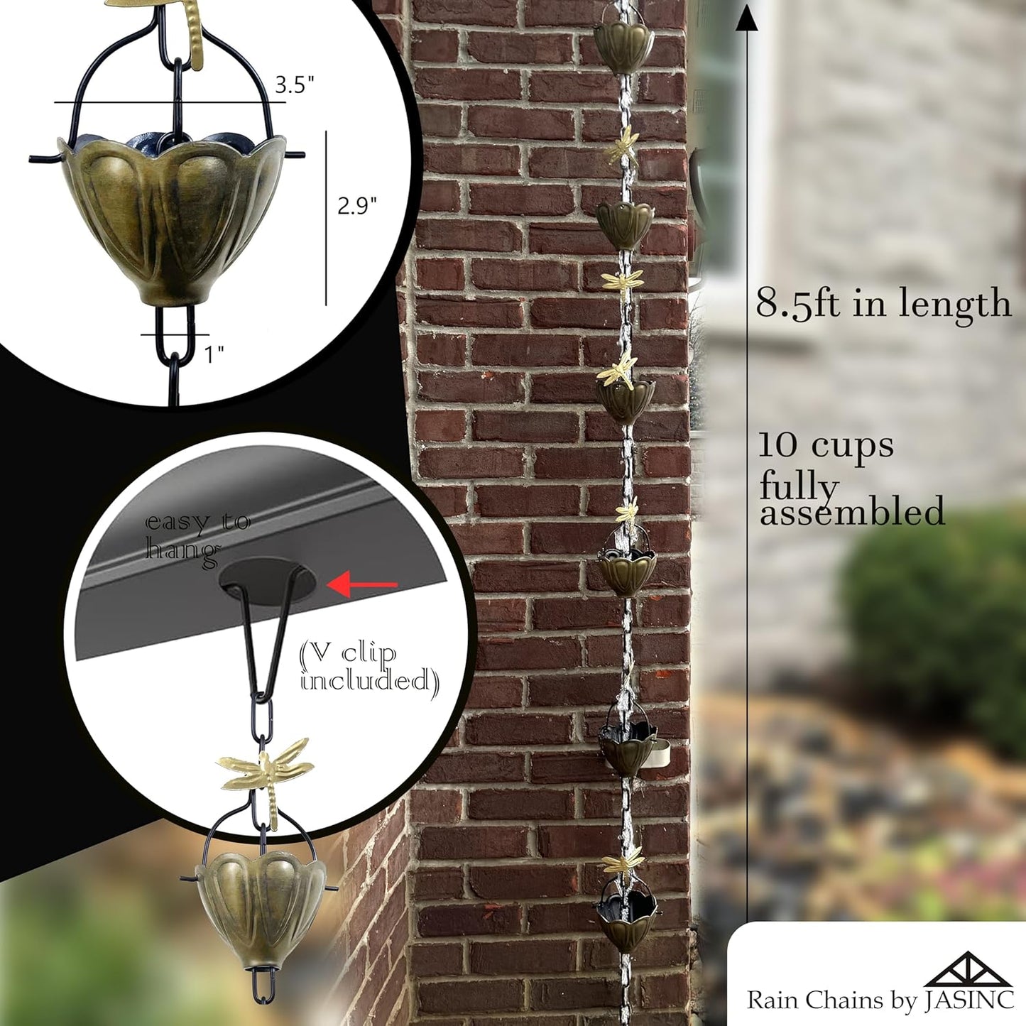 8.5 ft Dragonfly Cups Antique Brass, to Replace Roof Gutter Downspout, with Installation Kit, Rainwater Catcher/Water Diverter, JAS8004AB