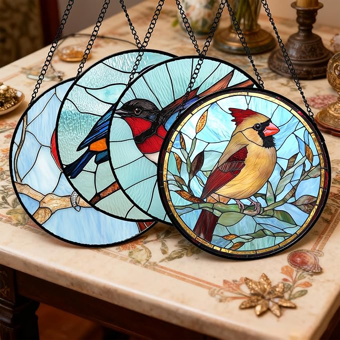 Stained Glass Window Hanging 4 Pcs Set Cardinal Blue Birds 7.8" - Suncatcher Door Garden Sun Catcher Decor Birthday Mother's Day for Bird Lovers Men Woman Nana Friend