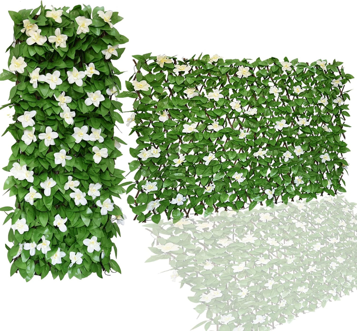 Expandable Faux Ivy Fence,Artificial Privacy Screen Decor for Outdoor Wall, Balcony and Patio, Single Sided Leaves (1,White Flower)