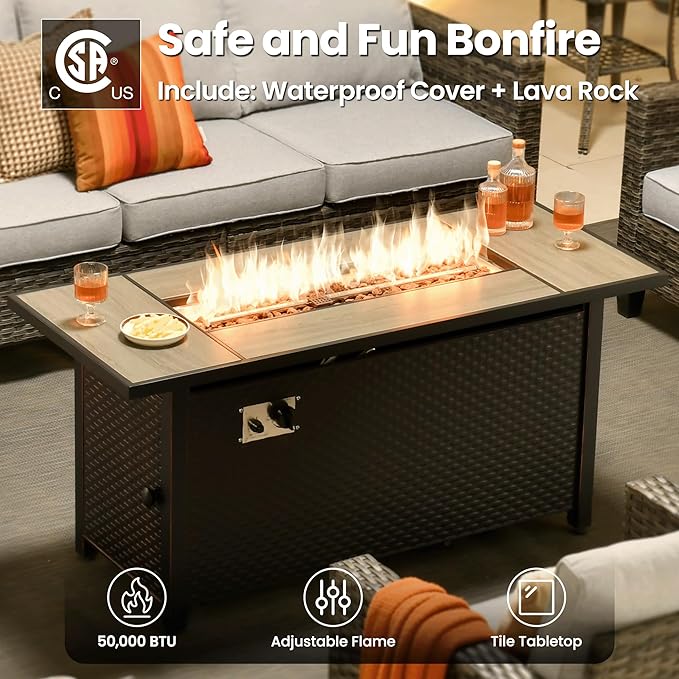 ovios 6 Pieces Patio Furniture Set with 54" Fire Pit Table, Outdoor Wicker Sofa with Comfy Cushions, All Weather High Back Rattan Couch Conversation Set, Grey