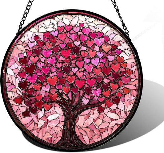 Stained Glass Window Hanging, Pink Love Tree of Life Sun Catchers Colorful Glass Panel Suncatcher Decor for Birthday for Women, Men, Wife, Lovers, and Mom 6.3 in