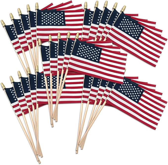 Super Tough 4"x6" Cotton US Stick Flag with Spear Tip - USA-Made Hand Held American Ensign for Parades, Holidays, and Events - Durable Cotton Fabric - Ideal for Patriotic Celebrations -100 Pack
