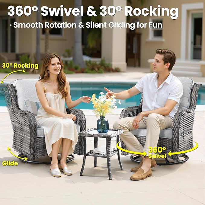 ovios 5 Pieces Patio Furniture Set, Outdoor Wicker Sofa Couch with Swivel Chairs 42" Fire Pit Table, High Back All Weather Modern Conversation Sets, Grey Rattan, Grey