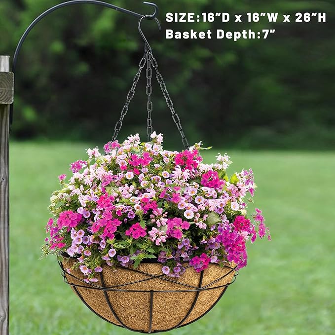 Hanging Planters for Outdoor Plants: 2 Pack 16" Hanging Baskets Flower Pots with Coco Liners & Plastic Saucer Large Deep Hanging Plant Holder for Porch Balcony Garden Décor