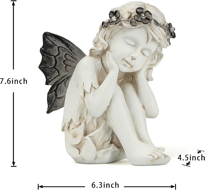 Leekung Ivory White Resin Sculpture, Angel Figurine with Solar Powered Lights for Outdoor Decor, Garden Decorations & Memorial Gifts