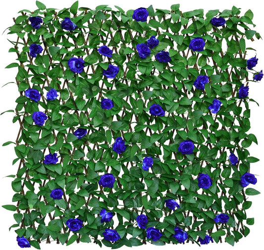 Expandable Fence Privacy Screen for Balcony Patio Outdoor,Decorative Faux Ivy Fencing Panel,Artificial Hedges (Single Sided Leaves) (1, Blue Flowers)