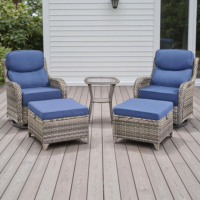 Rilyson Wicker Outdoor Patio Furniture Set - 5 Piece Patio Conversation Sets with Swivel Rocker Chairs, Ottomans and Side Table, 6 inch Cushions, Waterproof Wicker, for Porch Deck Mixed Grey/Blue