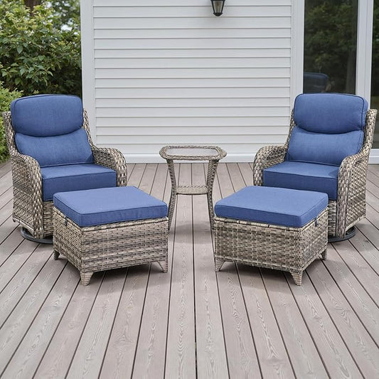 Rilyson Wicker Outdoor Patio Furniture Set - 5 Piece Patio Conversation Sets with Swivel Rocker Chairs, Ottomans and Side Table, 6 inch Cushions, Waterproof Wicker, for Porch Deck Mixed Grey/Blue