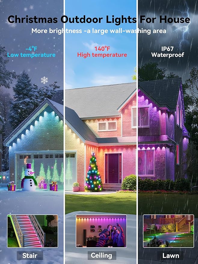Permanent Outdoor Lights, 250FT RGB IP67 Waterproof Eaves Lighting, Smart LED Outside House Lights with App/Remote Control for Halloween, Christmas Decor, Holiday, Party, Daily, All Year-Round
