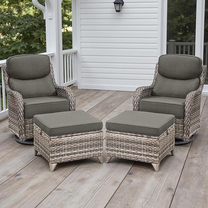 Rilyson Outdoor Wicker Patio Furniture Set - 4 Piece Patio Conversation Set with Swivel Rocker Chairs and Ottomans, 6 inch Cushions, High Back, Deep Seating, for Porch Deck Garden Mixed Grey/Grey