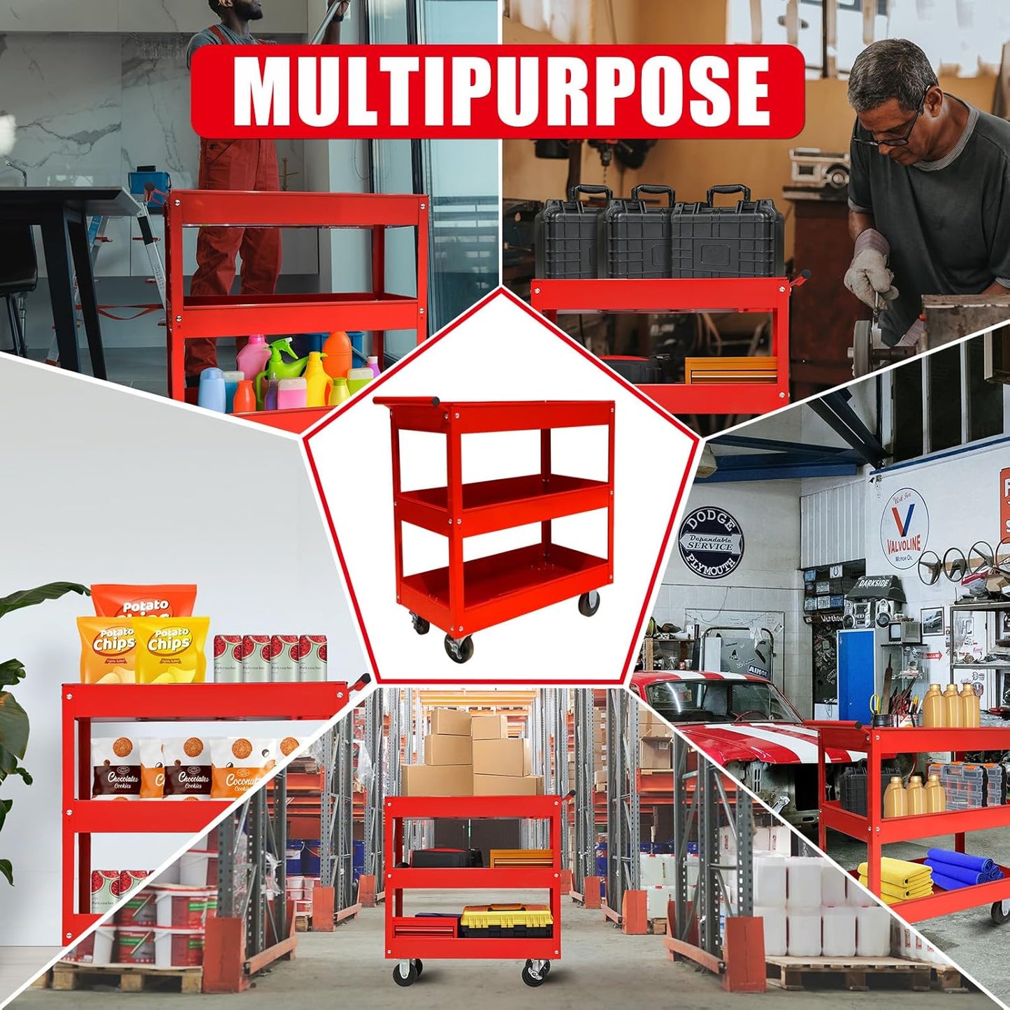 Torin APTC302B Steel Tool Service Push Cart with 3 Shelves and 200 lb Capacity, Red