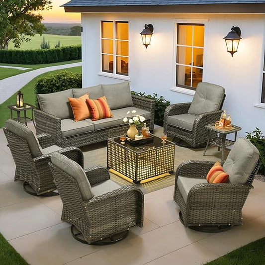 ovios 8 Pieces Patio Furniture Set, Outdoor Wicker Sofa Couch with Rocking Swivel Chairs Solar Lights Table, Modern Deep Seat Rattan Conversation Sets for Porch Deck, Dark Grey
