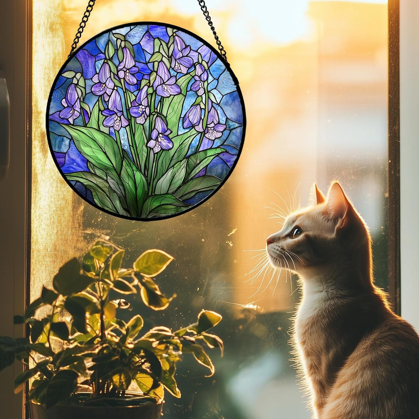 Stained Glass Suncatcher, Blue Purple Flowers Green Leaves Sun Catcher Plants Stain Glass Window Hanging Decoration Mother's Day Birthday Gifts for Women Men Mom and Nana 9.8 in