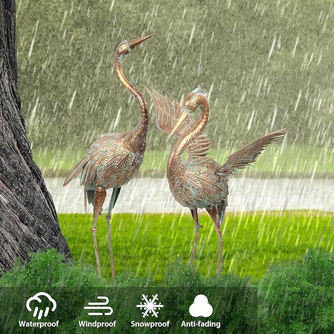 TERESA'S COLLECTIONS Yard Decorations Outdoor Garden Statues, Gold Metal Crane Yard Art, 33-39inch Lawn Ornaments for Backyard, Outside Porch, Patio, Wedding Decor,Set of 2,Spring Decor,Gifts for Mom