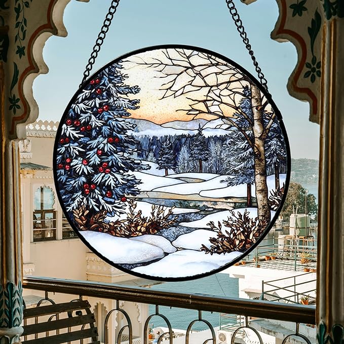 Stained Glass Window Hanging, Winter Snow Landscape Suncatcher Diamond Glass Panel Sun Catchers Decor for Birthday for Women, Men, Wife, Aunt, and Mom 11.8 in