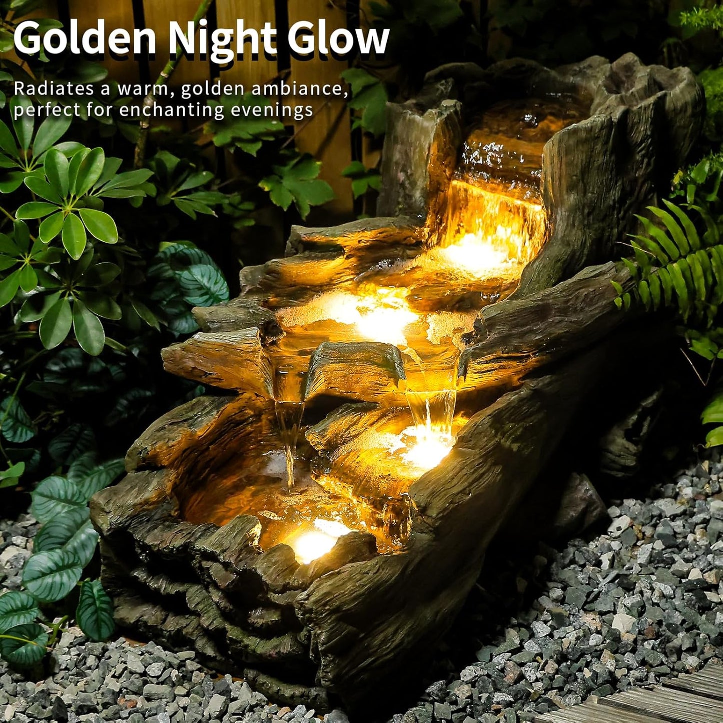 34.5" L Garden Outdoor Water Fountain, Floor Standing Wood Imitation Resin Natural Waterfall Fountains with LED Lights for Patio, Porch, Home Art Decor