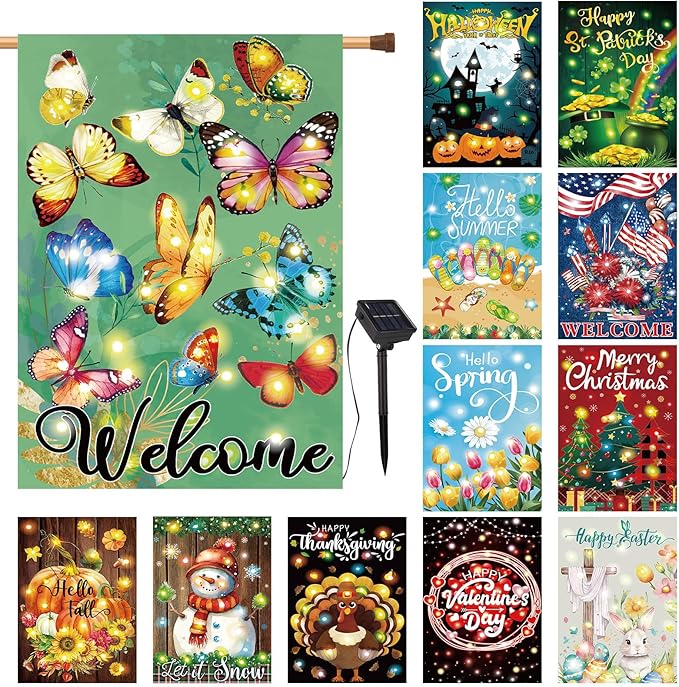 12 Pcs Solar Seasonal LED Garden Flags 28 x 40 Inch Double Sided Yard Flags Spring Easter Halloween Fall Thanksgiving Day Decorations Welcome Garden Flag Lawn Yard Outdoor Holiday Decoration