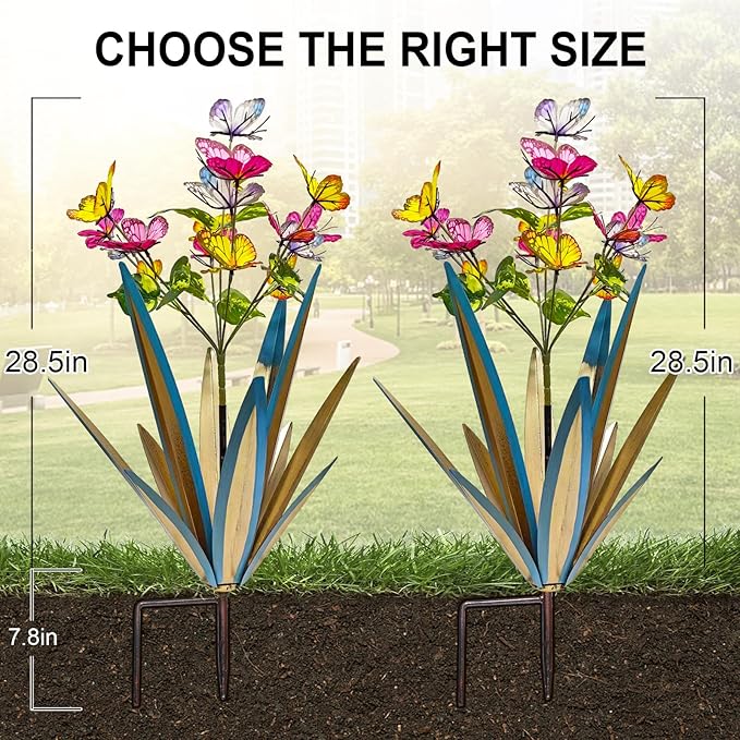 Garden Outdoor Butterfly Enlarge Thickened Wind Resistant Metal Agave Garden Art Metal Plant Country Sculpture Statue Decorations Ornaments Artificial Waterproof Butterflies (Blue 3pcs)