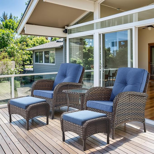 HUMMUH 5 Pieces Patio Furniture Set Wicker Outdoor Bistro Chairs with Ottomans Glass Top Side Table,Outdoor Conversation Set for Porch Deck Backyard Poolside