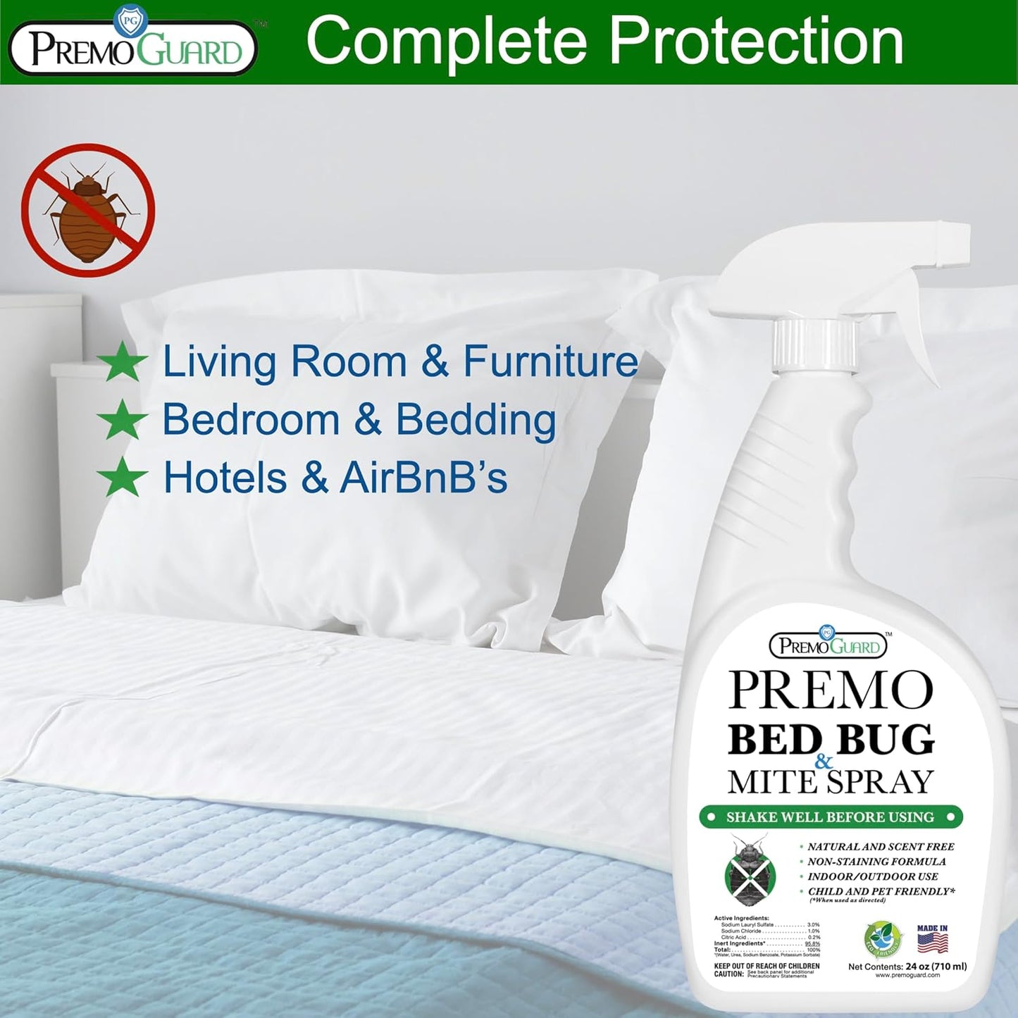 Premo Guard Bed Bug Killer Spray 24 oz - University Tested 100% Kill Rate - Natural Non Toxic, Stain & Scent Free - Kill Bedbugs & Mites On Bed & Blankets, Furniture, Clothing - Child & Pet Safe