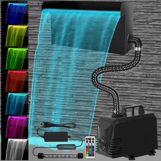 AquaMiracle All-in-1 Pond Waterfall Kit with LED Lights, 18" Stainless Steel Spillway with 800GPH Water Pump, Lighted Waterfall Fountain Outdoor for Water Garden, Backyard, Pool