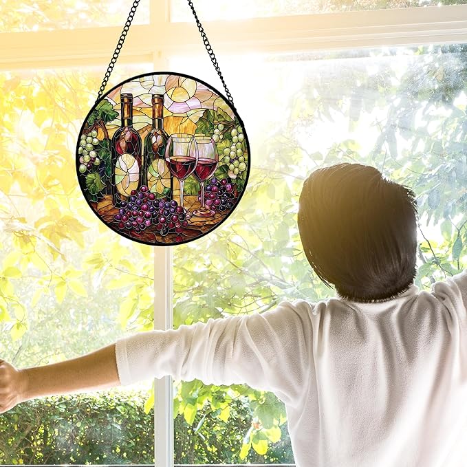 Stained Glass Window Hanging, Grapes and Wine Suncatcher Diamond Glass Panel Hangings Sun Catchers Decor for Birthday for Women, Men, Wife, Aunt, and Mom 6.3 in