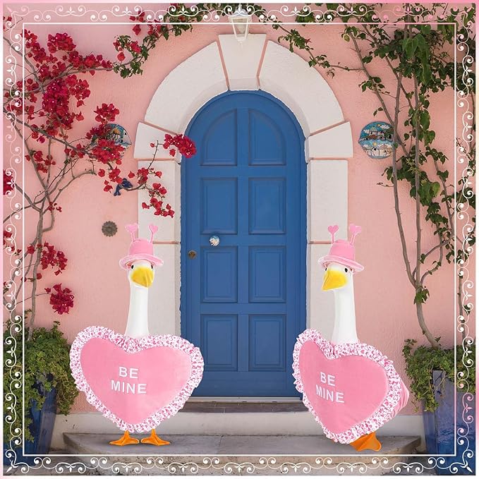 Valentine Goose Outfits Pink Heart Porch Goose Outfit Lawn Porch Goose Clothes Fits 23" Cement Plastic Goose Statue for Valentine's Day Outdoor Garden Yard Patio Art Decor (Pink)