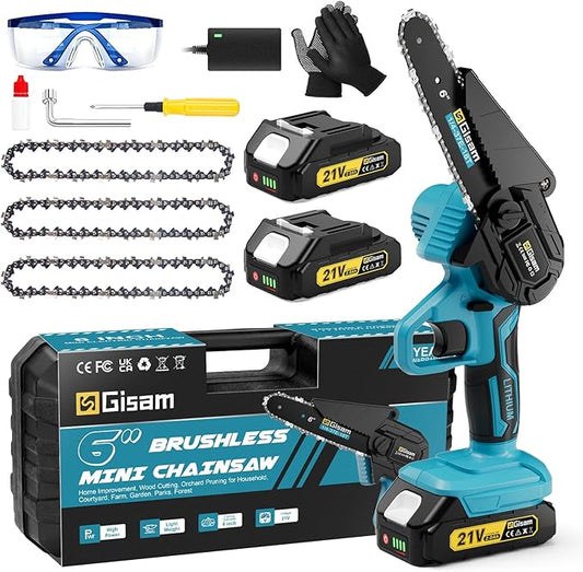 Mini Chainsaw Cordless 6 Inch, Brushless Motor Electric Saw - 2x2Ah Batteries, 2025 Upgraded, Safety Lock, Portable Handheld for Tree Trimming, Wood Cutting, Camping/DIY, Gift for Dad Husband