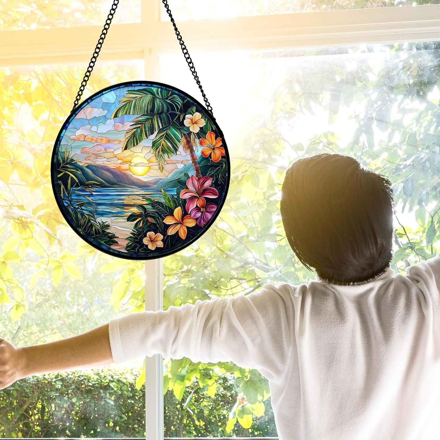 Stained Glass Window Hanging, Colorful Landscape Suncatcher for Doors Home Sun Catchers Decoration and Christmas, Mother's Day Birthday Gifts for Women, Men, and Mom 9.8 in