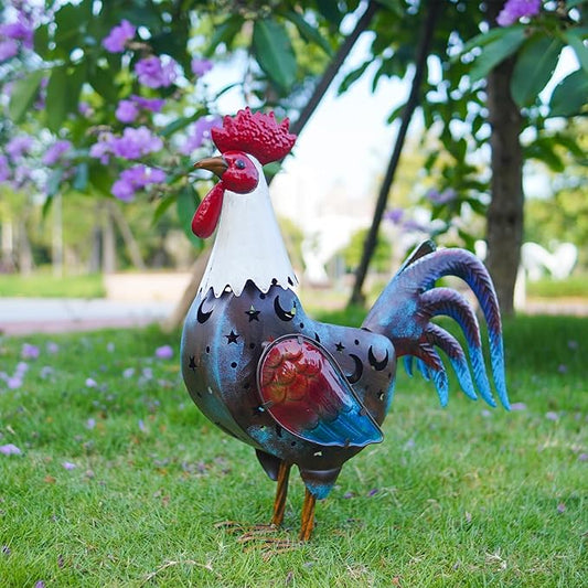 LIFFY Solar Rooster Outdoor Decor,18" Metal Rooster Yard Decor with LED Lights,Chicken Home Decorative Ornaments,Garden Statues for Outside Patio Backyard Landscape Lawn
