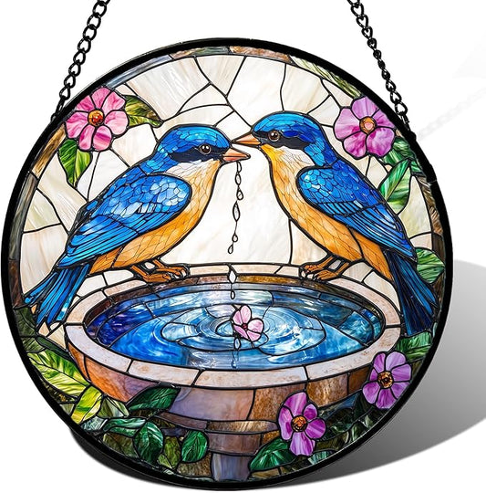 Stained Glass Window Hanging, 2 Blue Birds Suncatcher Diamond Glass Panel Hangings Bird Lover Sun Catchers Decor for Birthday for Women, Men, Wife, Aunt, and Mom 14.9 in