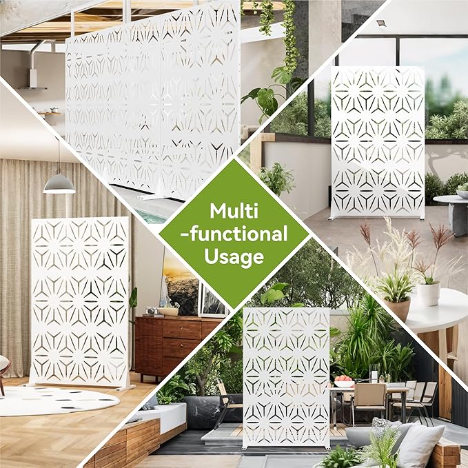 Metal Privacy Screen for Outdoor Freestanding Privacy Screens, 72" H x 44" W Patio Metal Fence Panels with Stand, Portable White Screens for Outside Deck Balcony Garden and Indoor