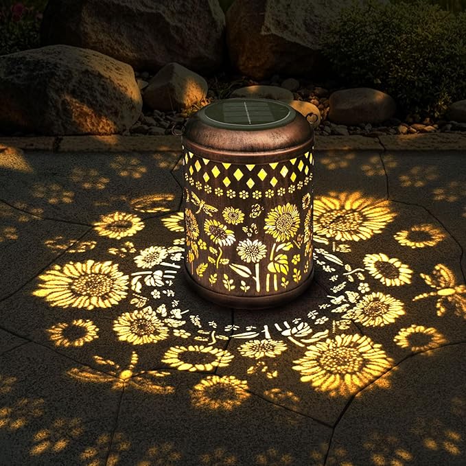 Solar Lanterns Sunflower Dragonfly Butterfly Lights Outdoor Decor Hanging Lantern Waterproof Metal LED Garden Decor Decorative,Yard,Patio,Lawn,Christmas Gifts 1 Pack Bronze