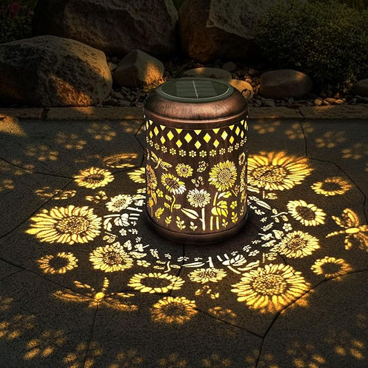 Solar Lanterns Sunflower Dragonfly Butterfly Lights Outdoor Decor Hanging Lantern Waterproof Metal LED Garden Decor Decorative,Yard,Patio,Lawn,Christmas Gifts 1 Pack Bronze