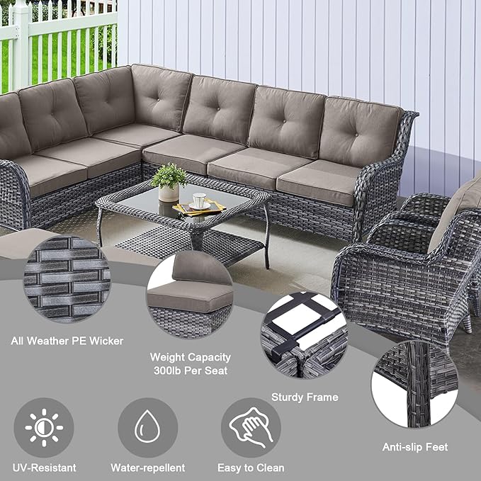 HUMMUH 8 Pieces Outdoor Patio Furniture Set with Fire Pit,L-Shaped Modular Sectional Couches with Swivel Patio Chairs,Wicker Conversation Set for Deck,Backyard,Porch,Garden