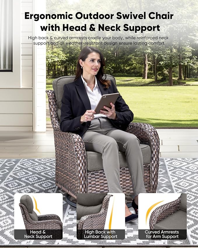 HUMMUH Wicker Patio Furniture Set with Patio Swivel Chairs Set of 4 and 50,000 BTU Fire Pit Table,6 Inch Thick Cushions High Back Outdoor Swivel Rocker Chairs Set for Porch, Balcony, Deck