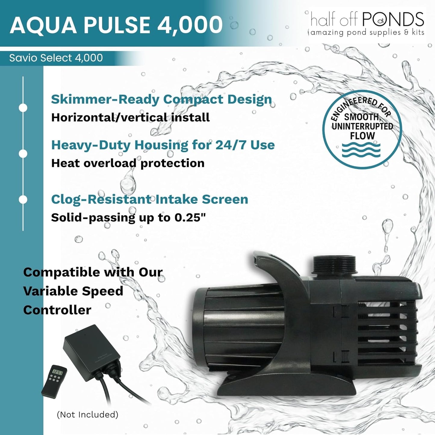 HALF OFF PONDS Savio Select 4,000 GPH Submersible Pump Pond Kit with 10' x 15' EPDM Rubber Pond Liner, UV Clarifier for Water Garden & Koi Pond