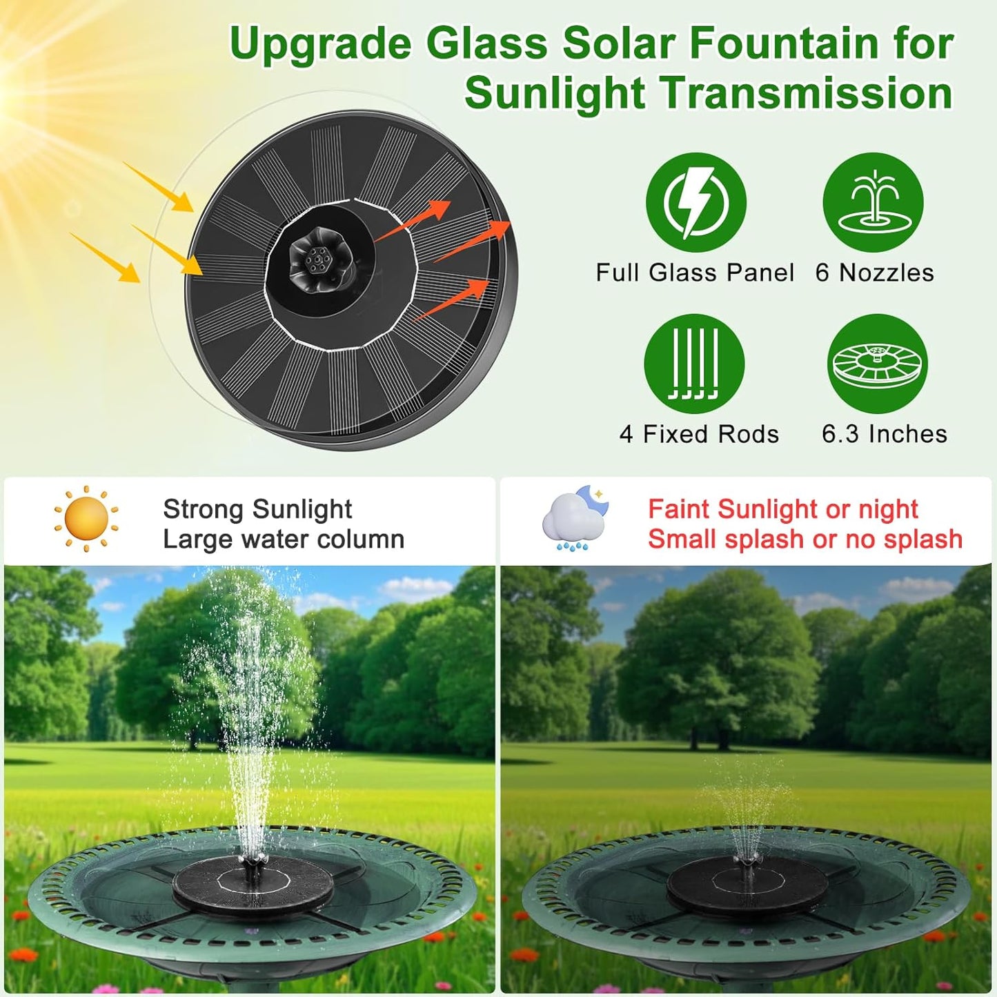 Solar Fountain Pump with Spray Height Adjustment, Upgrade Glass Solar Bird Bath Fountains with 6 Nozzles, Outdoor Solar Water Fountain Pump for Bird Bath, Garden, Pool, Pond