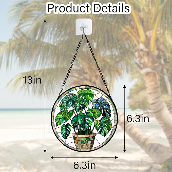 Stained Glass Window Hanging, Green Plant Monstera t Suncatcher Diamond Colorful Glass Panel Sun Catchers Decor for Birthday for Women, Men, Wife, Aunt, and Mom 6.3 in